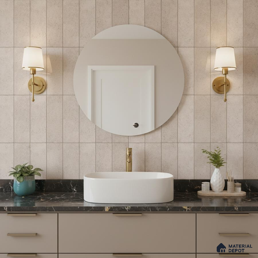 Scandinavian kitchen with beige vertical subway backsplash tile, terrazzo countertop, and light wood open shelf
