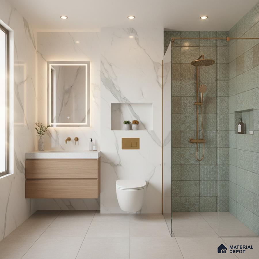 Modern bathroom with white marble-look wall tiles, patterned mint green shower tiles, and light wood vanity