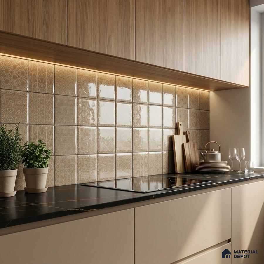Modern kitchen with beige patterned backsplash tiles, light oak laminate cabinets, and black marble countertop
