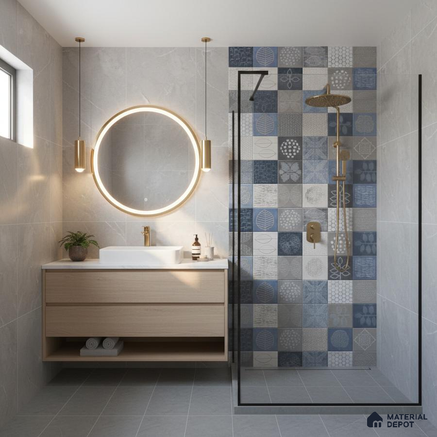 Modern bathroom with blue and grey patterned shower wall tiles and light wood floating vanity