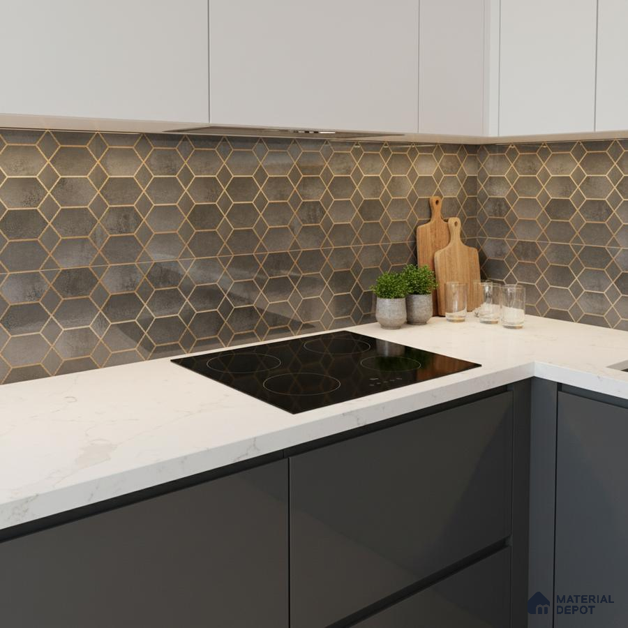 Modern kitchen with grey hexagonal backsplash tile, white quartz countertop, and matte grey laminate cabinets