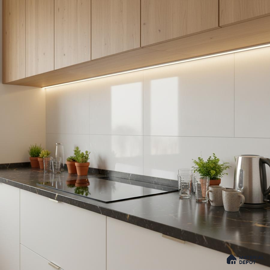 Scandinavian kitchen with light oak laminate cabinets, white backsplash tile, and black marble-look countertop