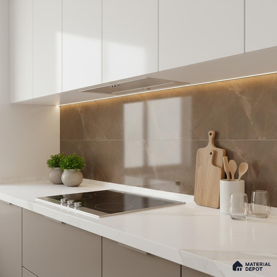 Modern kitchen with white quartz countertop and brown marble-look backsplash tile