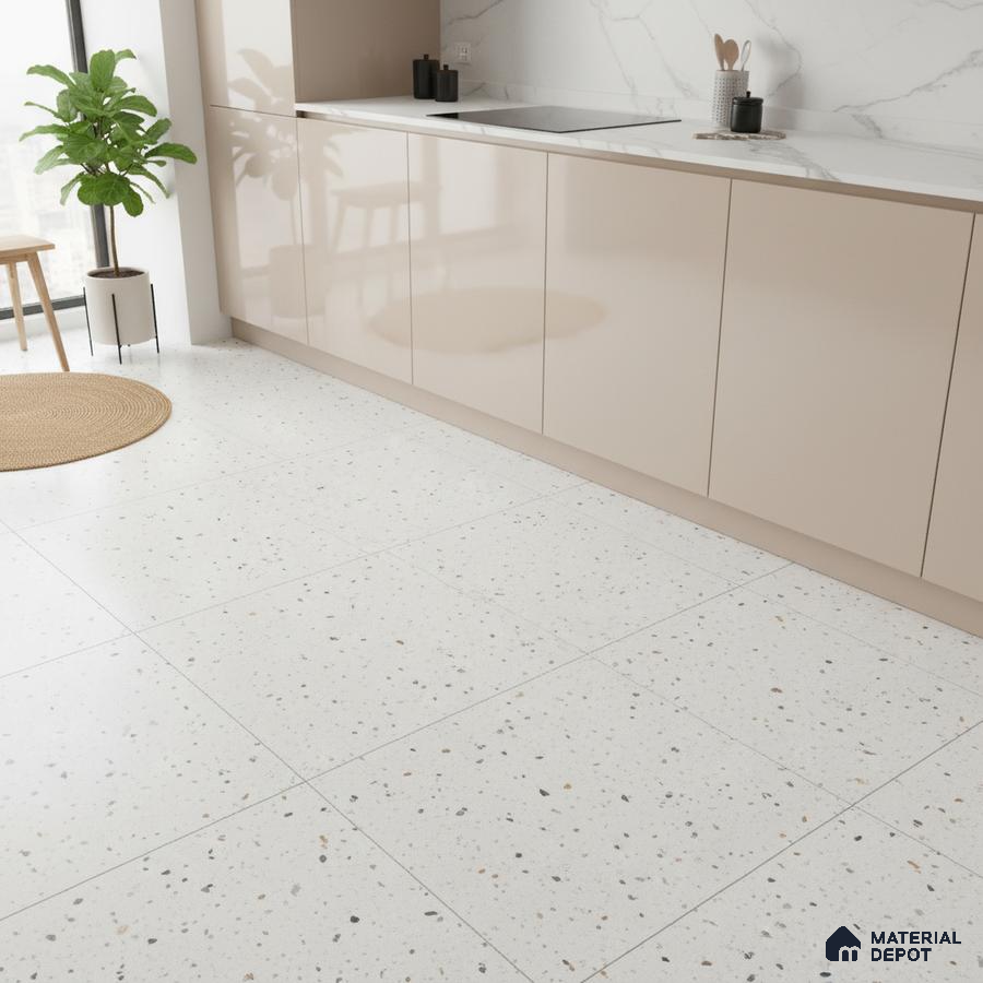 Minimalist kitchen with beige high gloss laminate cabinets, white marble backsplash, and terrazzo floor tiles