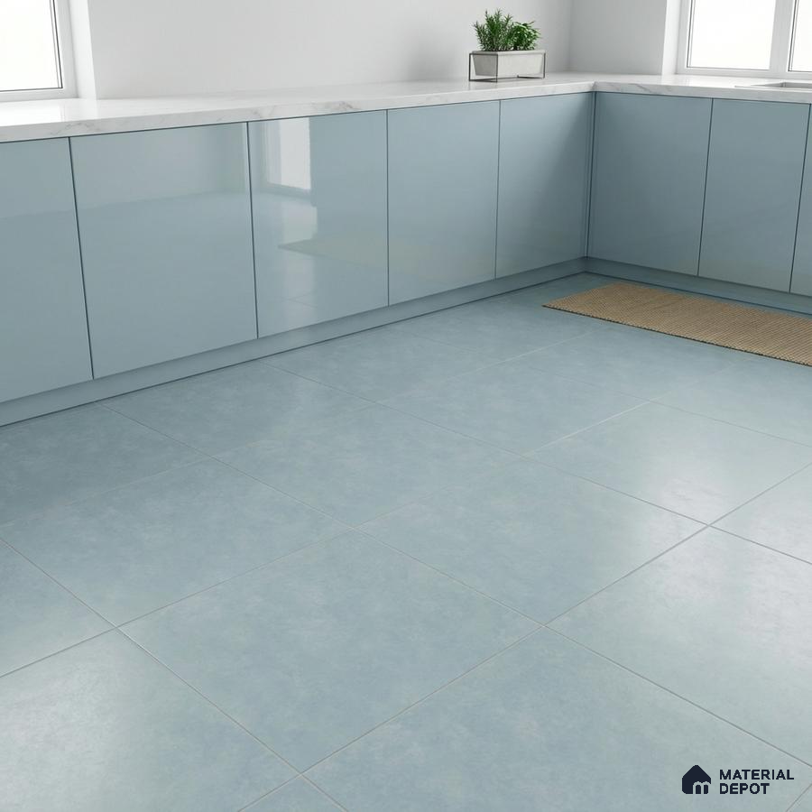 Modern kitchen with pastel blue high gloss laminate cabinets and light blue matte floor tiles
