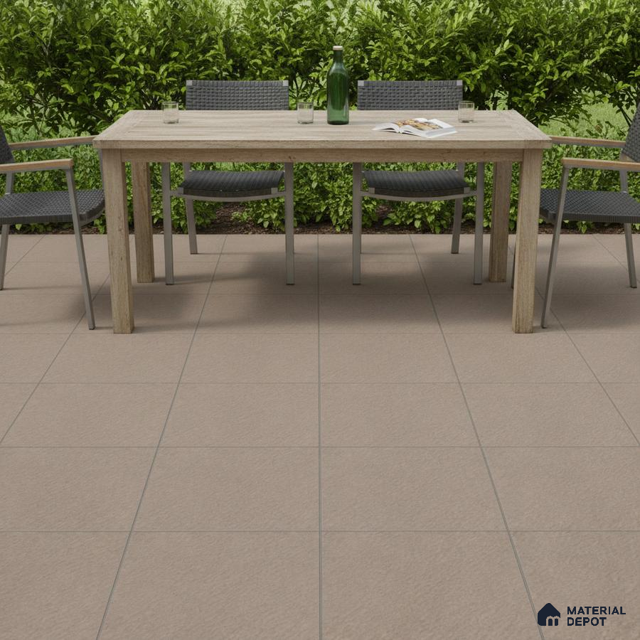 Minimalist outdoor dining with beige stone-look floor tiles and light wood table