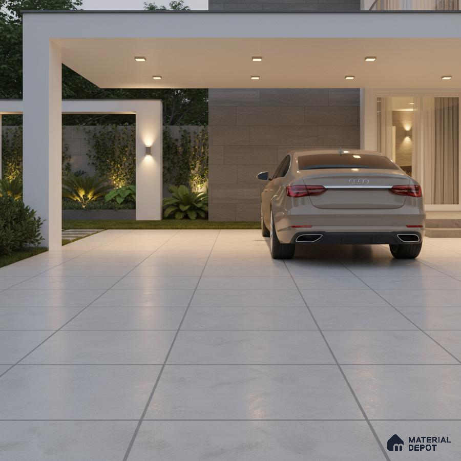 Modern parking with large format matte grey floor tiles and stone cladding accent wall