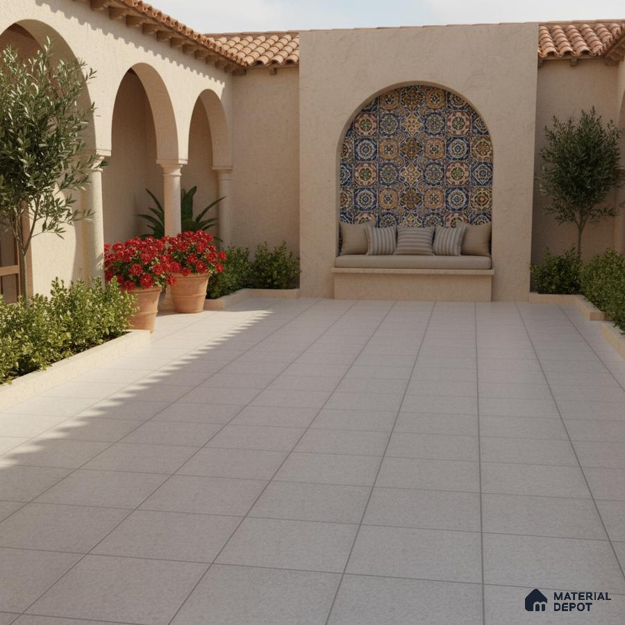 Mediterranean outdoor courtyard with patterned moroccan wall tiles and beige stone floor tiles