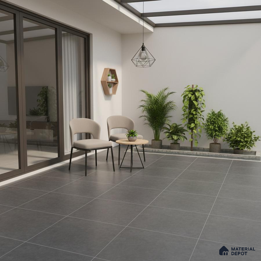 Modern balcony with charcoal grey floor tiles and minimalist outdoor seating