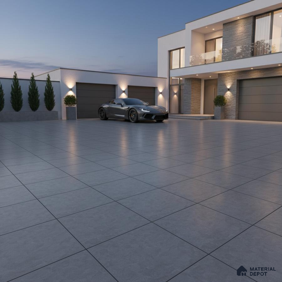 Modern parking with large format grey matte floor tiles and stone cladding accents