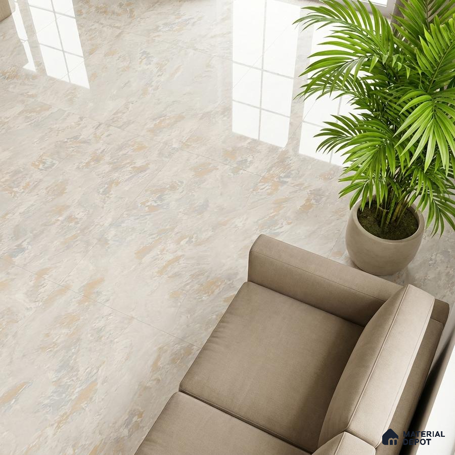 Modern living room with beige marble-look floor tiles and neutral fabric sofa
