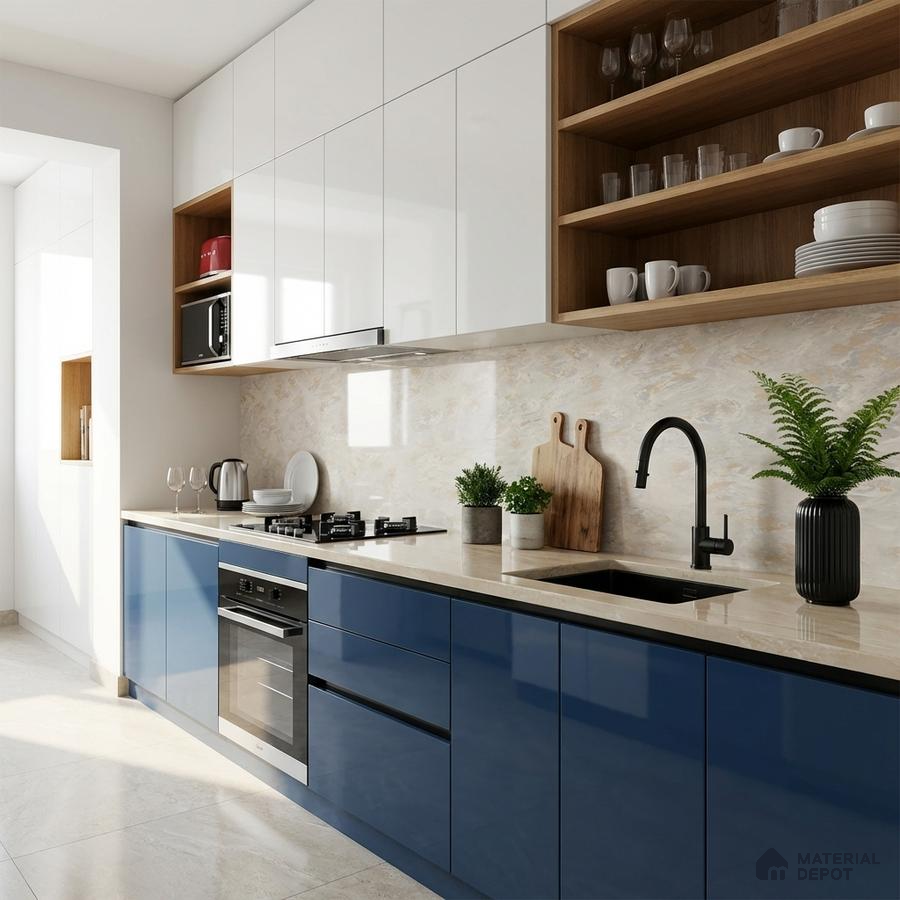 Modern dual tone kitchen with blue high gloss laminate, frosty white laminate, and beige marble backsplash