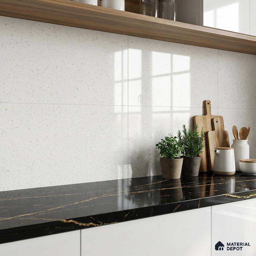 Modern kitchen with black marble countertop, white speckled backsplash tile, and wood open shelf