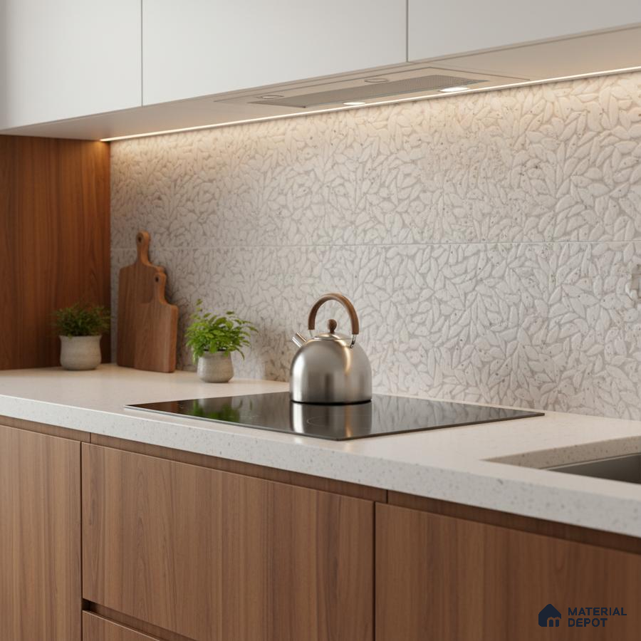 Modern kitchen with walnut wood laminate, white quartz countertop, and textured leaf-patterned backsplash tile