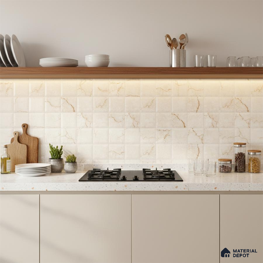 Modern kitchen with beige marble-look backsplash tiles, terrazzo countertop, and taupe laminate cabinets