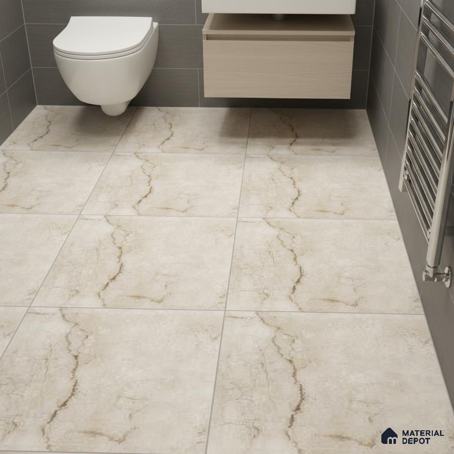 Modern bathroom with beige marble-look floor tiles and grey wall tiles