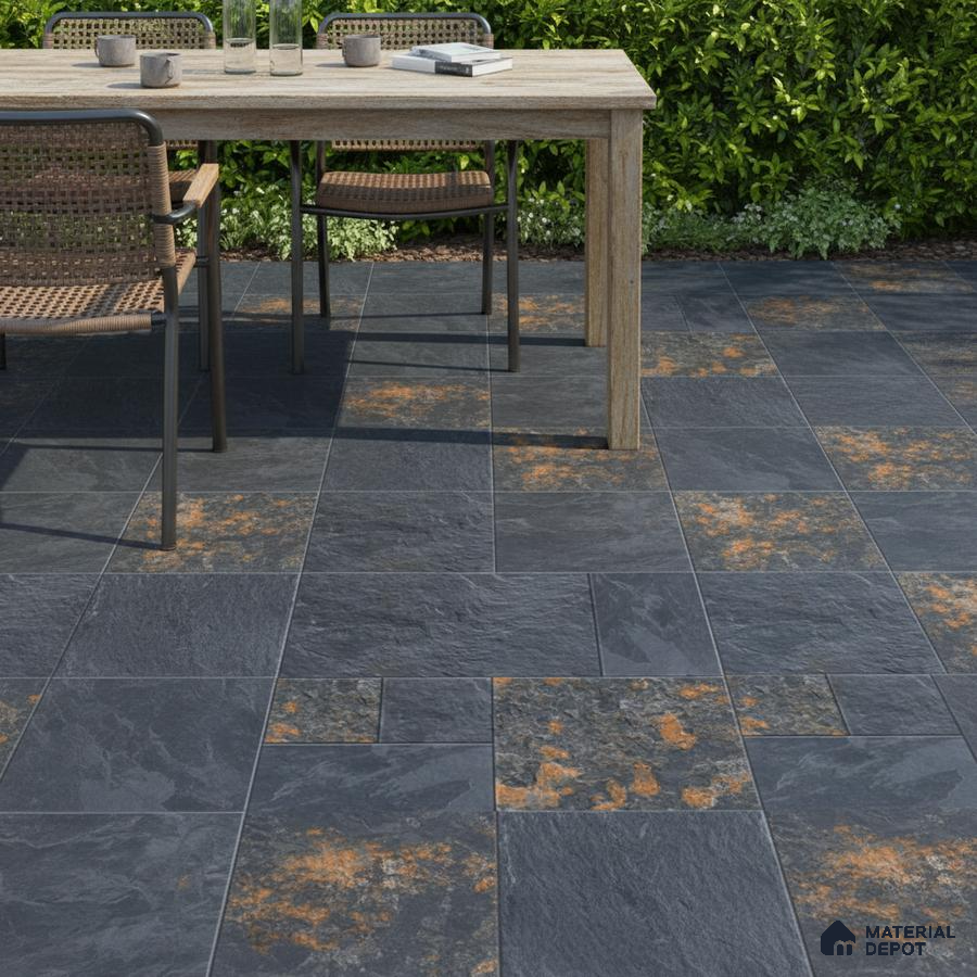 Industrial outdoor space with rustic slate-look floor tiles and wooden dining set