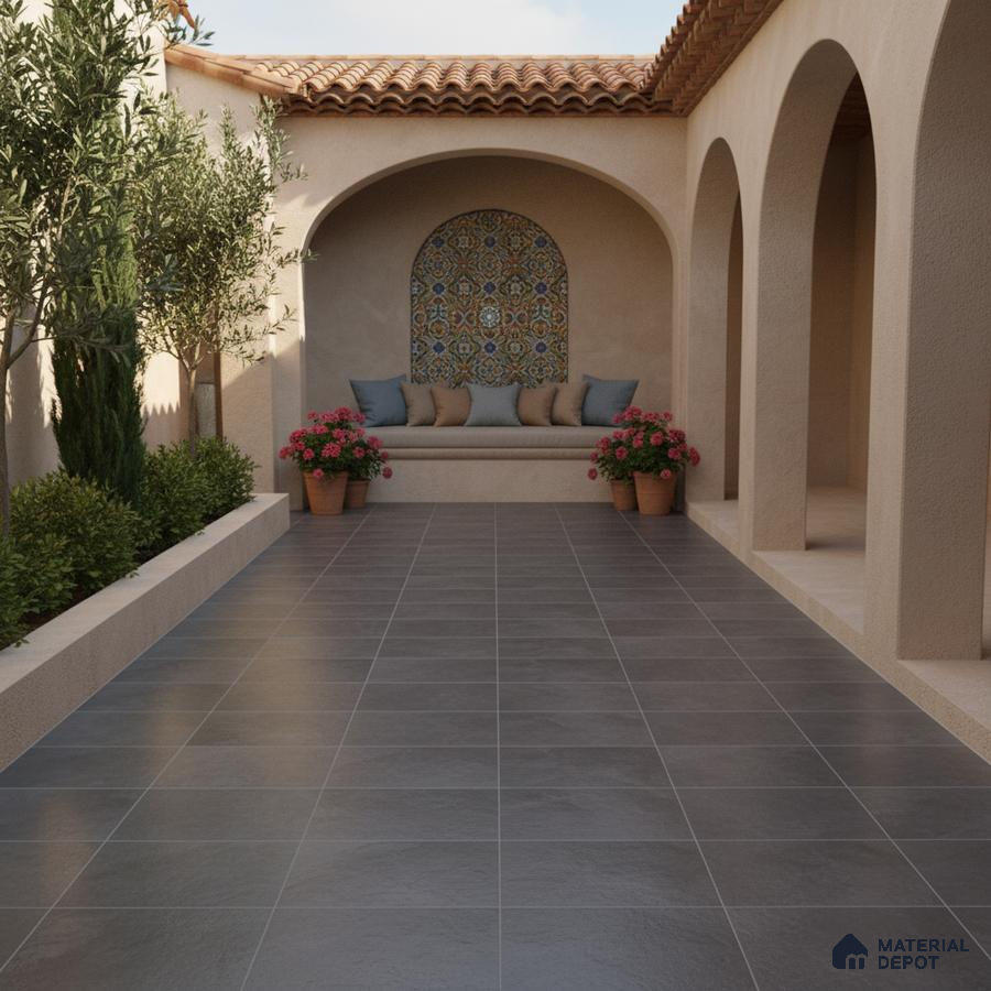 Mediterranean outdoor courtyard with terracotta roof, patterned mosaic wall tile, and grey stone floor tiles