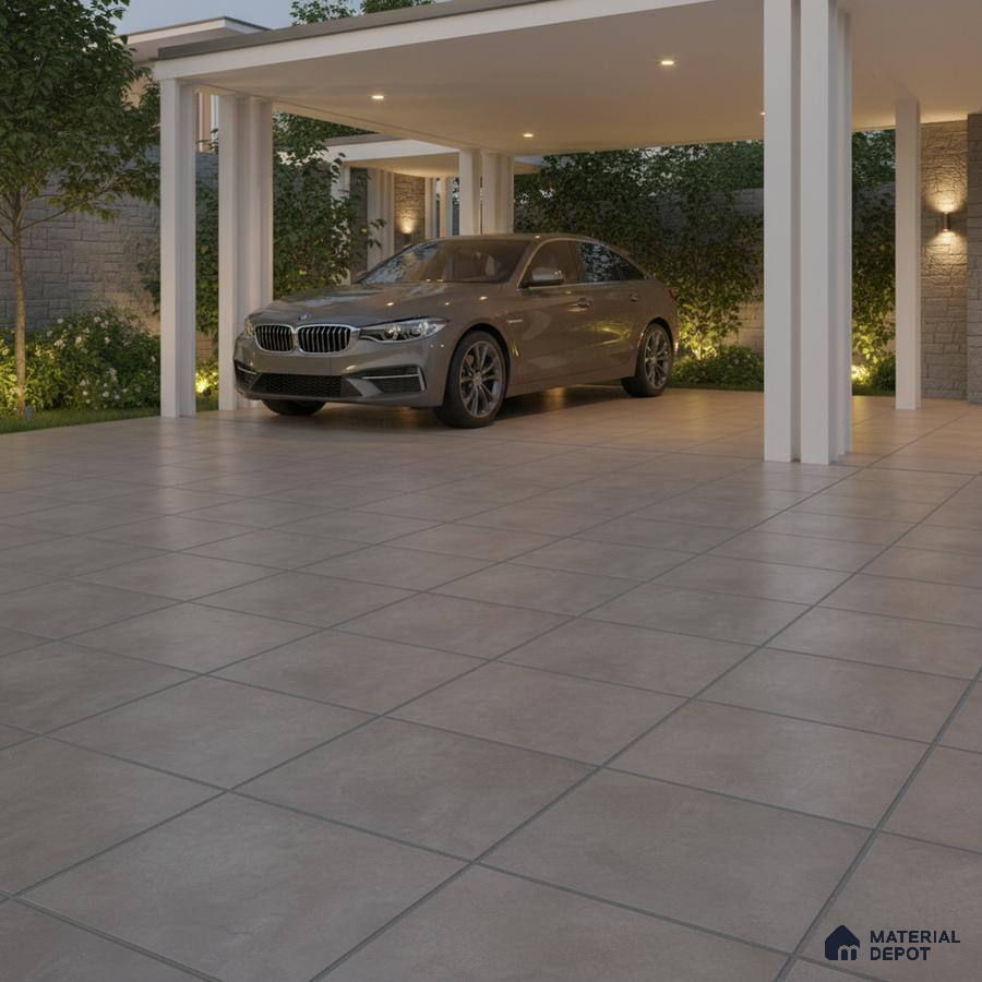 Modern parking area with large format matte grey floor tiles and white pergola structure