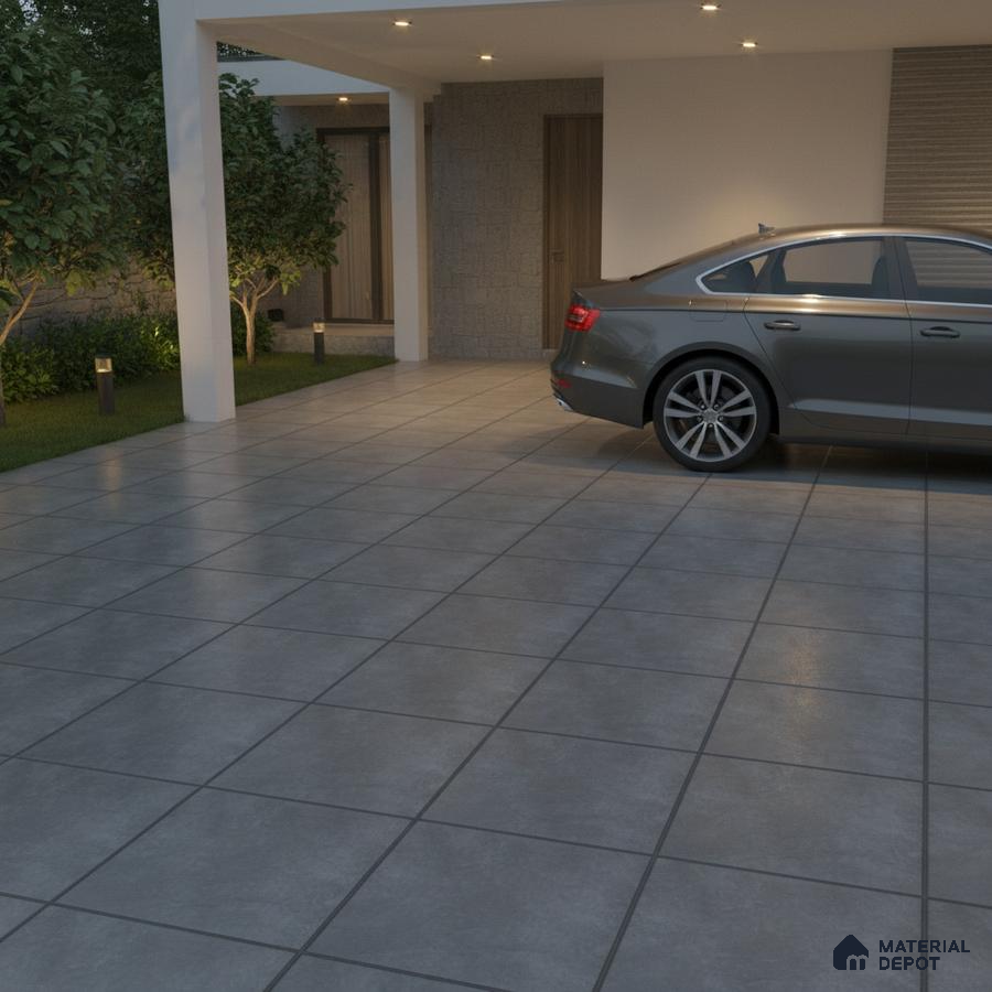 Modern parking with large grey matte floor tiles and stone cladding accent wall