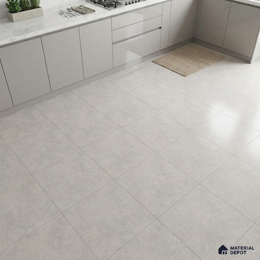 Modern kitchen with glossy white laminate cabinets, marble-look quartz countertop, and light grey matte floor tiles