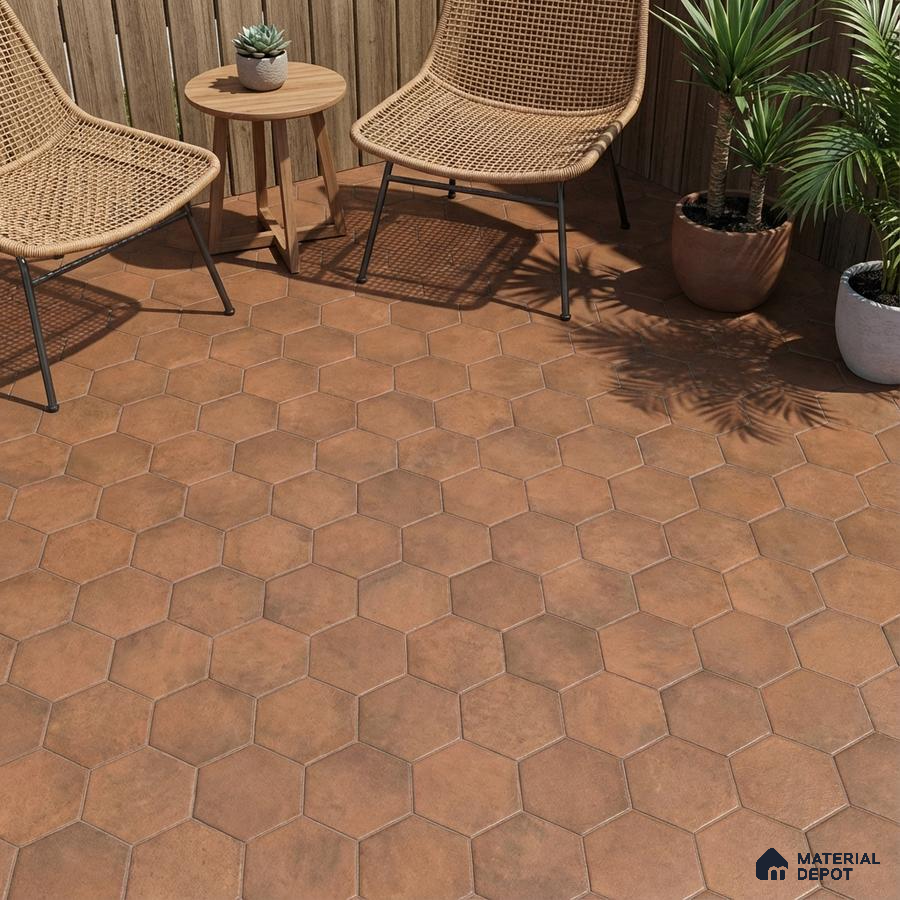 Modern outdoor space with terracotta hexagonal floor tiles and rattan furniture