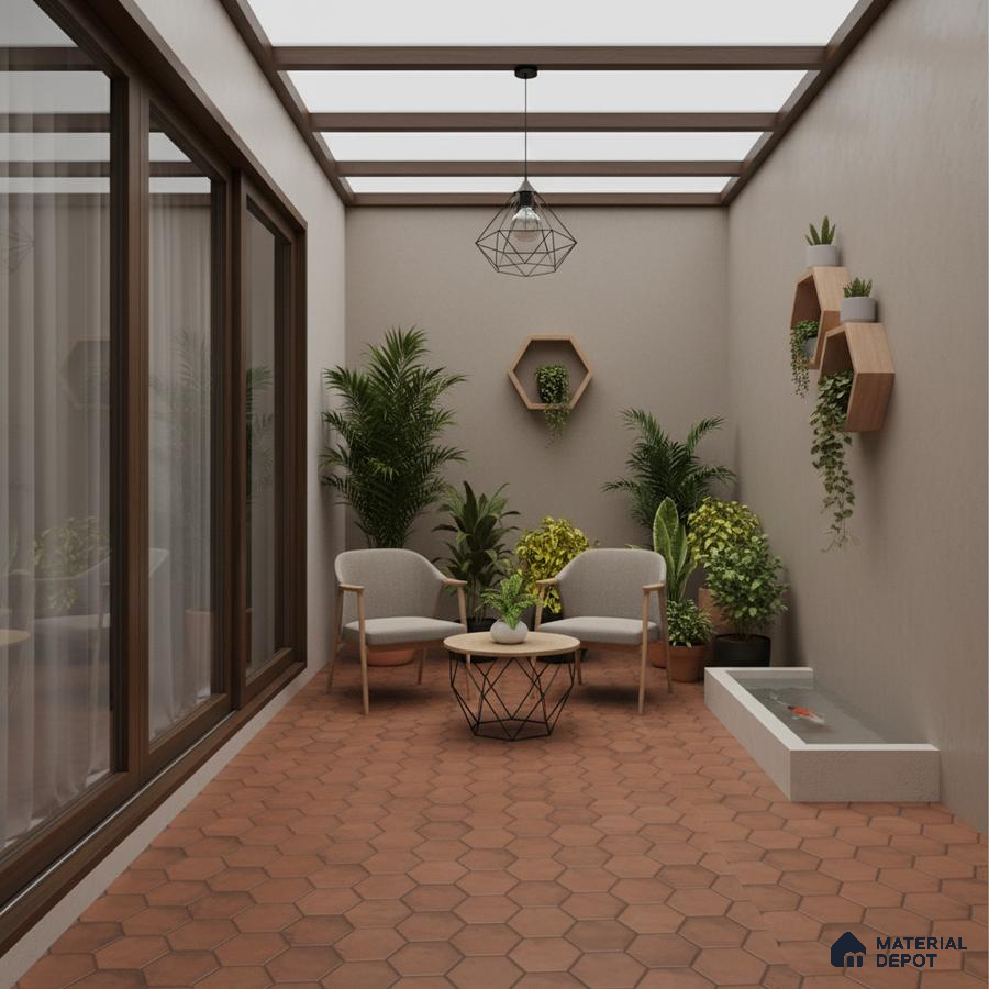 Scandinavian balcony with terracotta hexagonal floor tiles and wooden wall shelves