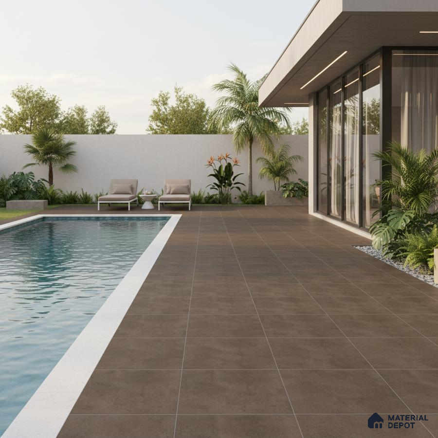 Modern outdoor poolside with brown matte floor tiles and white pool coping