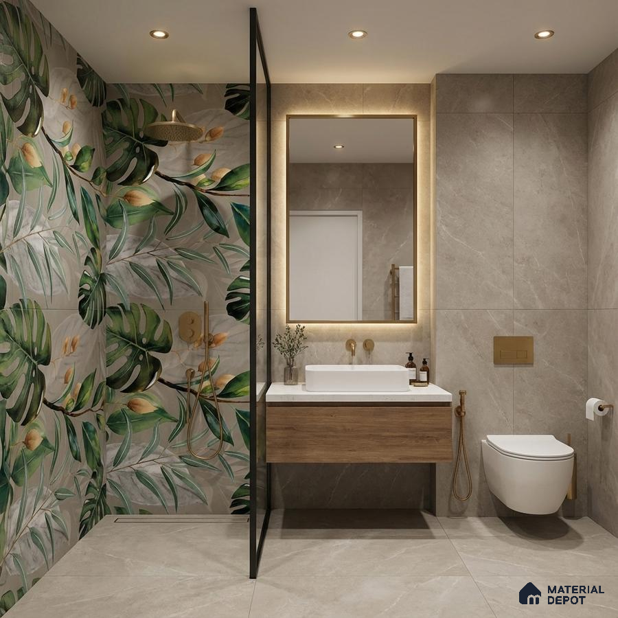 Modern bathroom with tropical floral highlighter wall tile, beige marble-look tiles, and wooden vanity