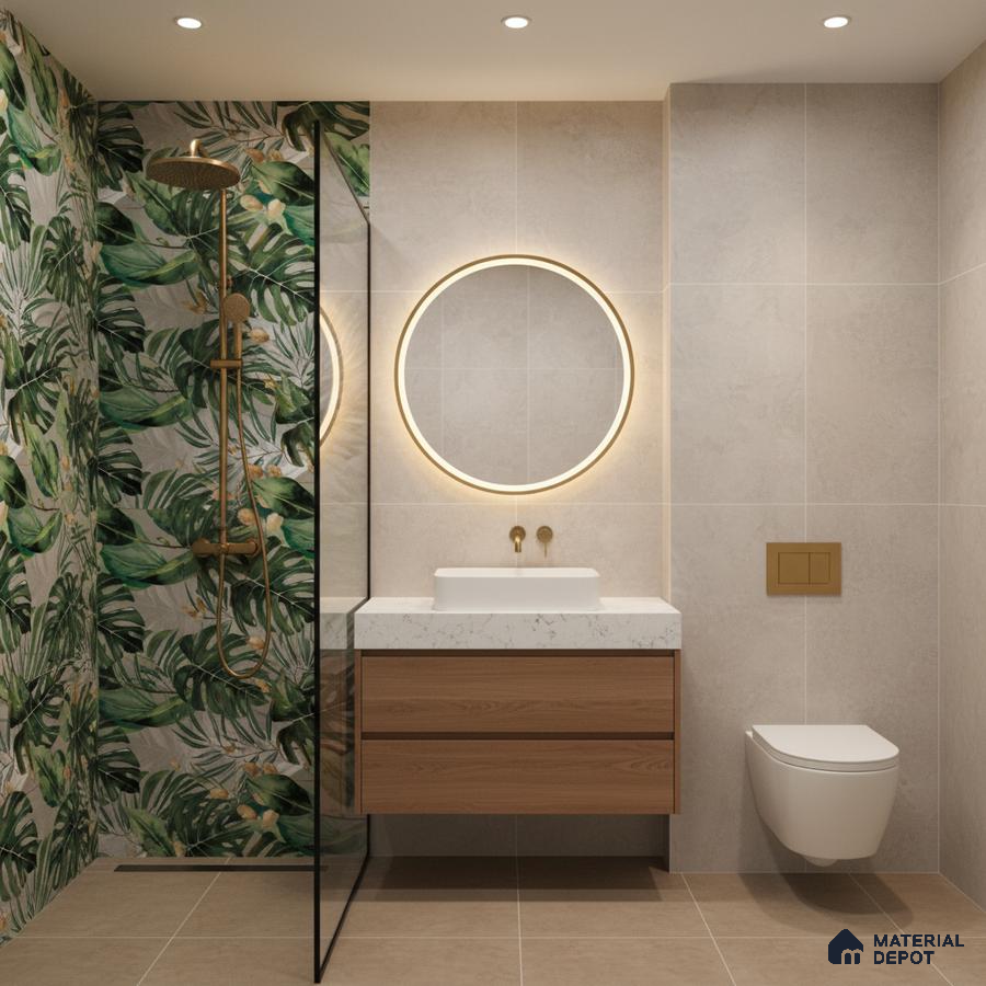 Modern bathroom with tropical leaf highlighter wall tile, beige stone wall tile, and wood vanity