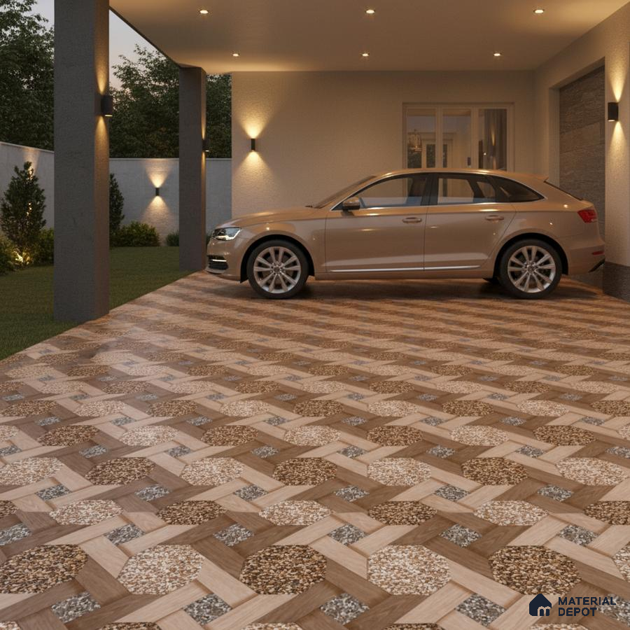 Modern parking with geometric patterned anti-skid floor tiles in wood and stone look