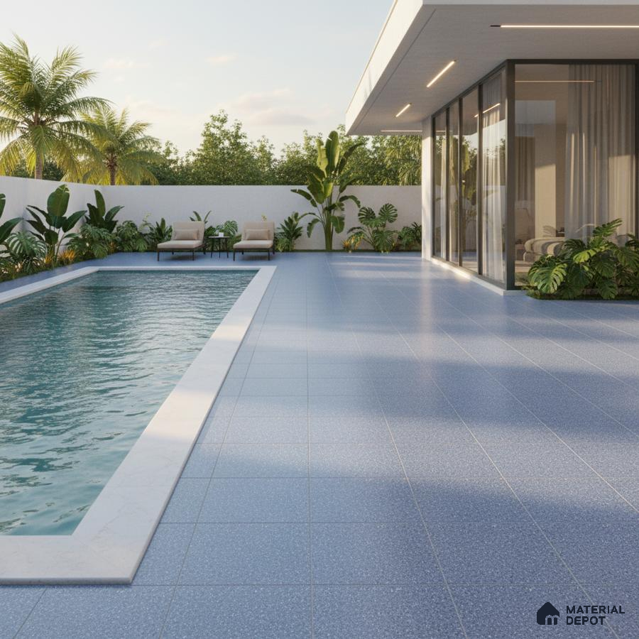 Modern outdoor poolside with blue terrazzo floor tiles and white stone coping
