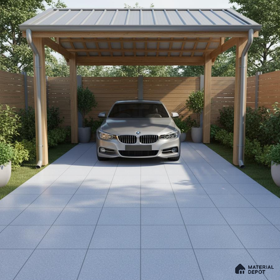 Modern parking with grey ceramic floor tiles and wooden pergola structure