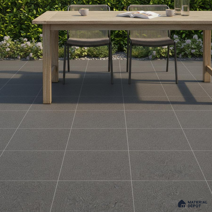 Minimalist outdoor space with matte charcoal grey stone floor tiles and natural wood dining table