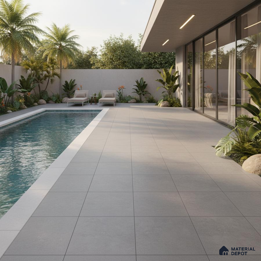 Modern outdoor poolside with light grey stone tiles and minimalist landscaping