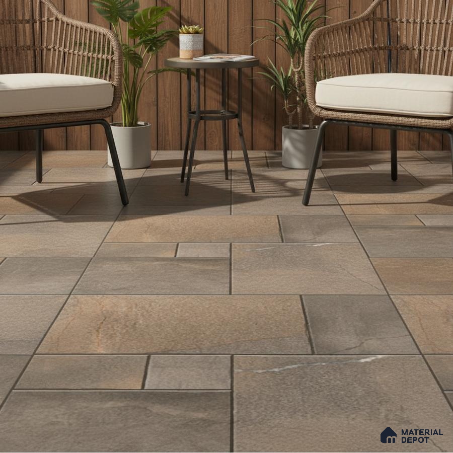 Scandinavian outdoor seating with wood cladding and stone-look floor tiles