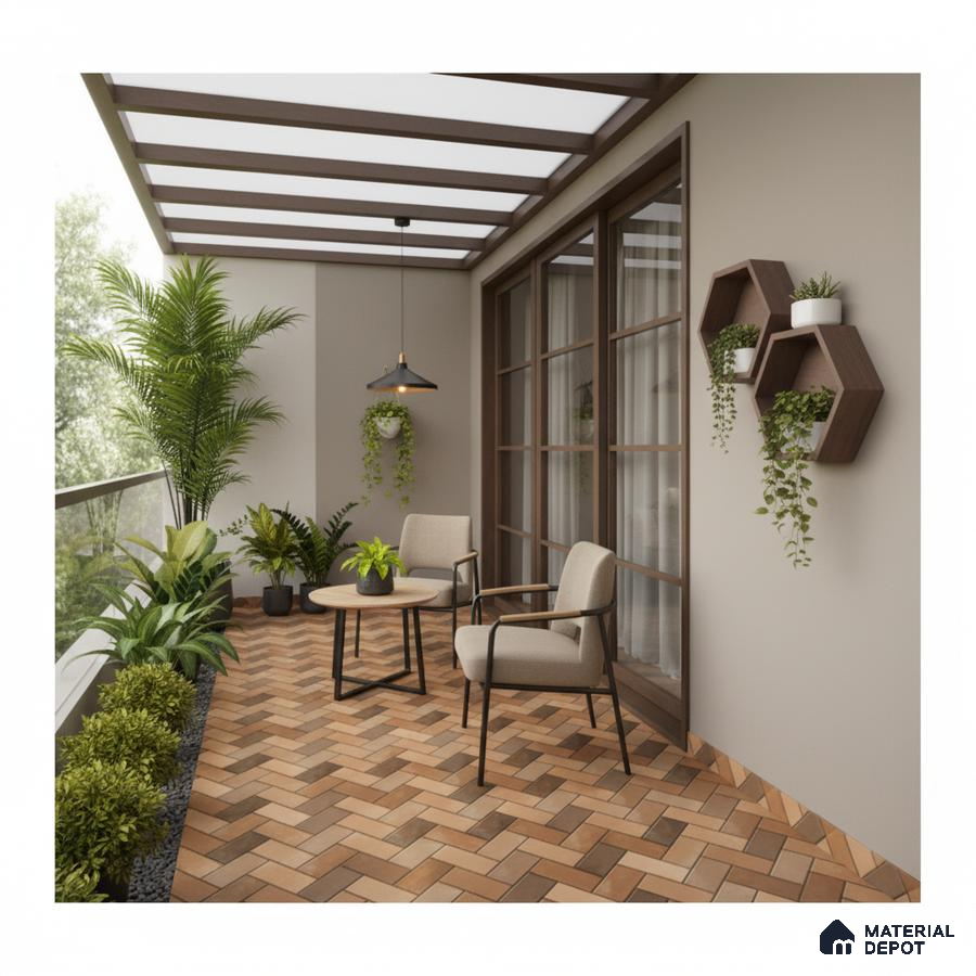 Modern balcony with terracotta herringbone floor tiles and wooden hexagonal wall shelves