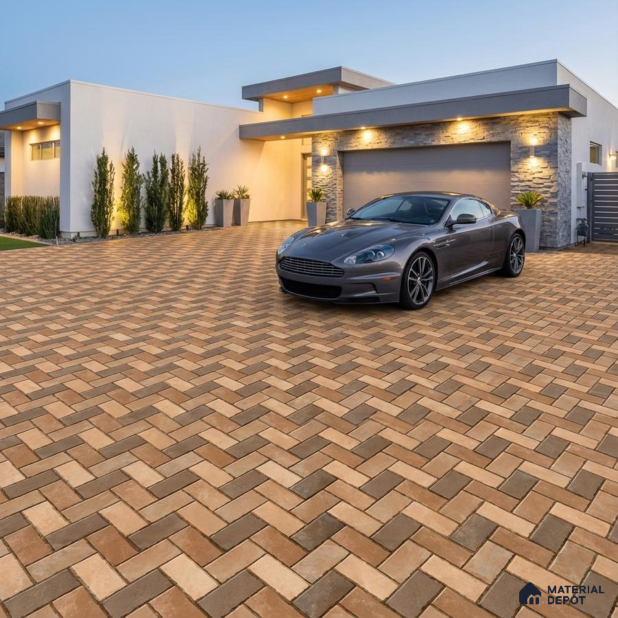Modern parking with beige and tan herringbone outdoor paver tiles and stone cladding accent wall