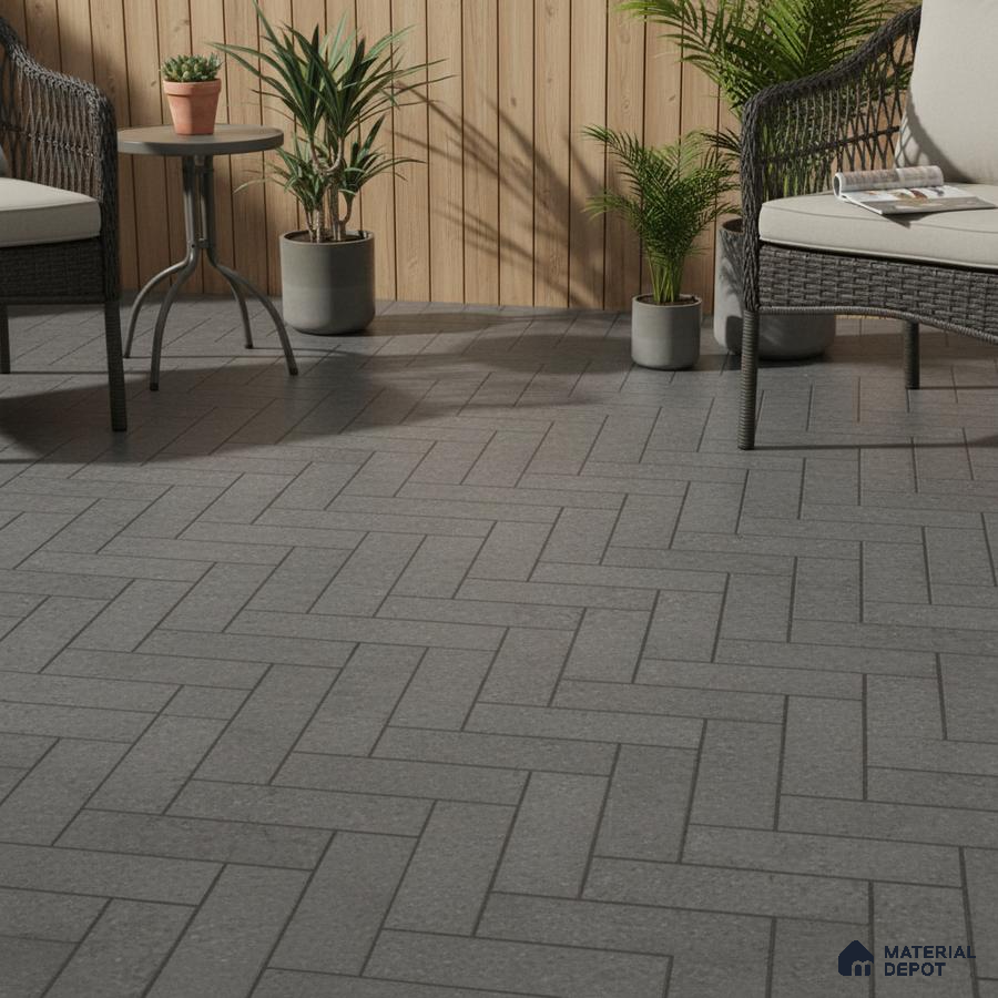 Scandinavian balcony with grey herringbone floor tiles and light wood wall panels