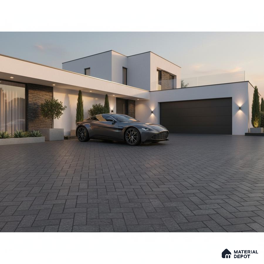 Modern parking with charcoal grey paver tiles and white stucco exterior