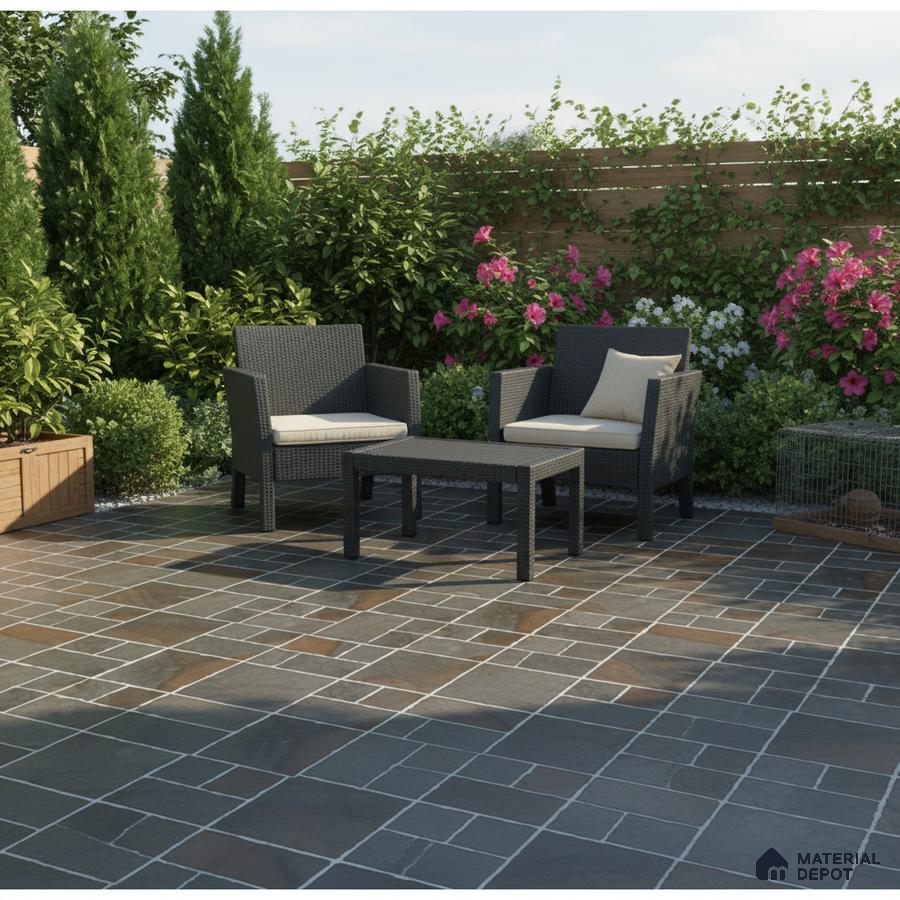 Modern outdoor patio with slate stone floor tiles and rattan furniture