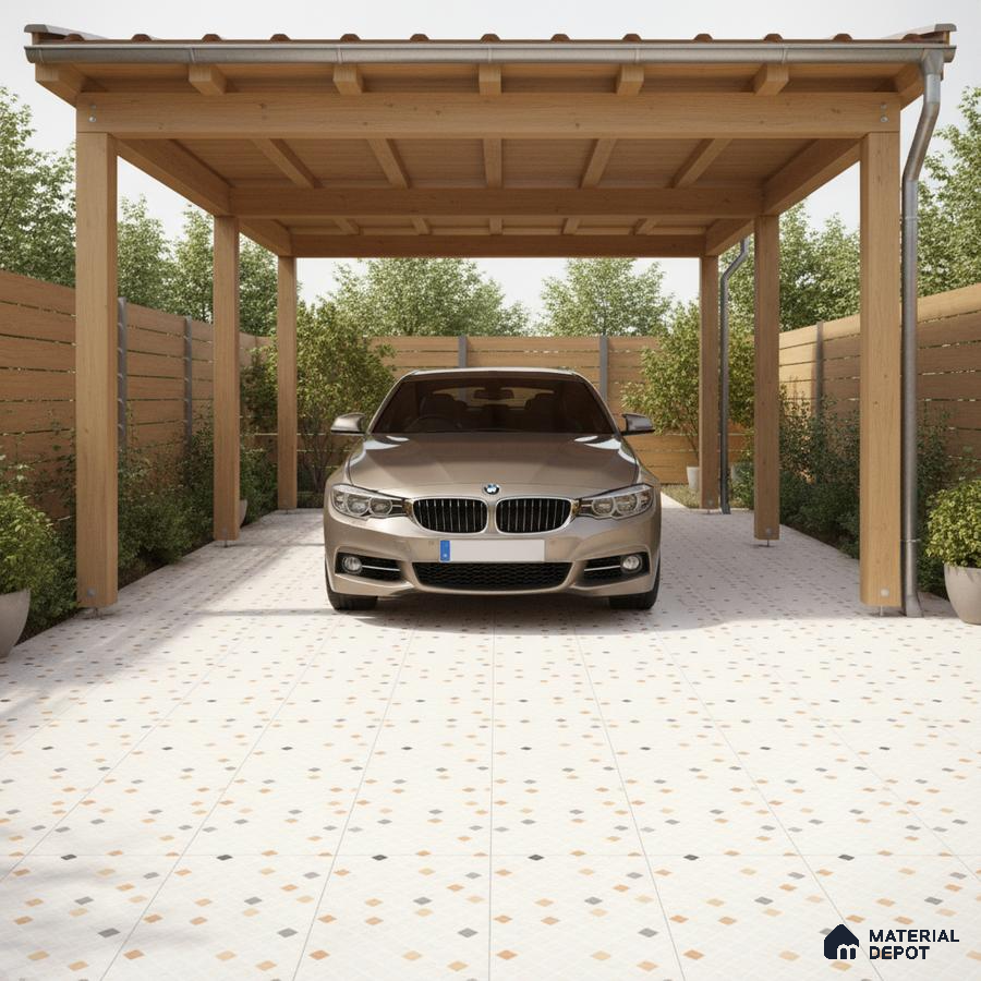 Modern parking with wooden pergola and patterned anti-skid floor tiles