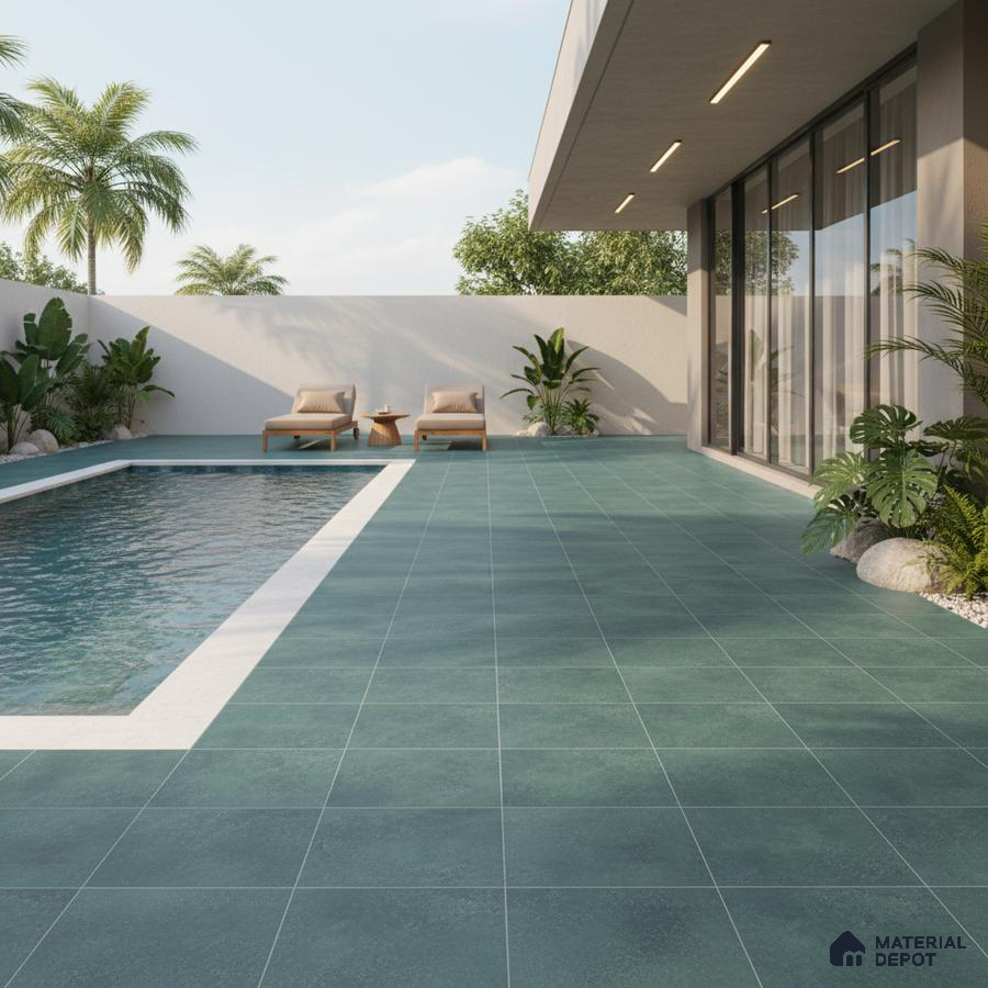 Modern outdoor poolside with teal matte floor tiles and minimalist landscaping