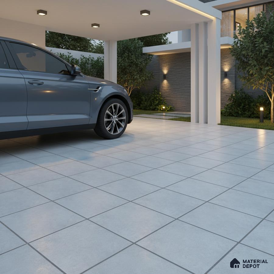 Modern parking with light grey matte floor tiles and outdoor cladding