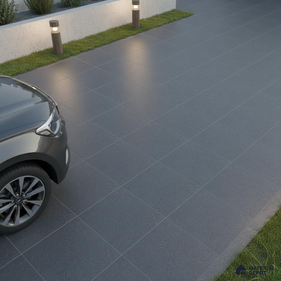 Modern parking area with matte charcoal grey stone-look floor tiles