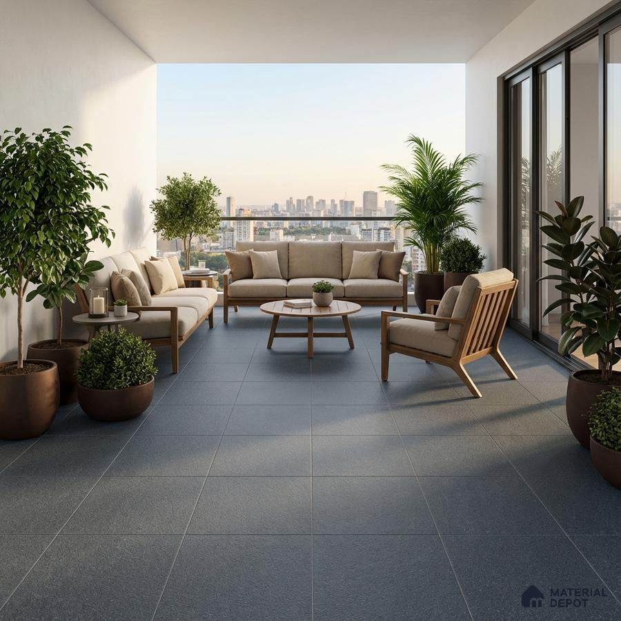 Scandinavian balcony with grey textured floor tiles and natural wood outdoor furniture
