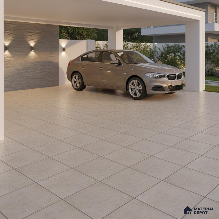 Modern parking with beige floor tiles and grey stone cladding accent wall