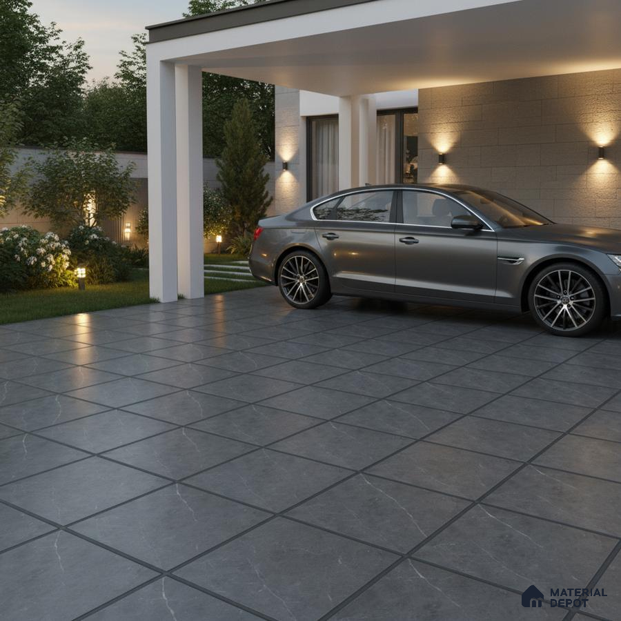 Modern parking with charcoal grey stone-look floor tiles and textured wall cladding