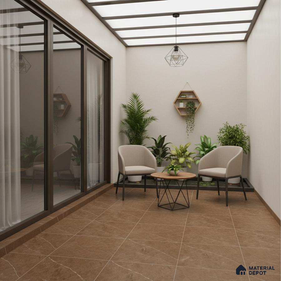 Modern balcony with brown marble floor tiles and neutral seating