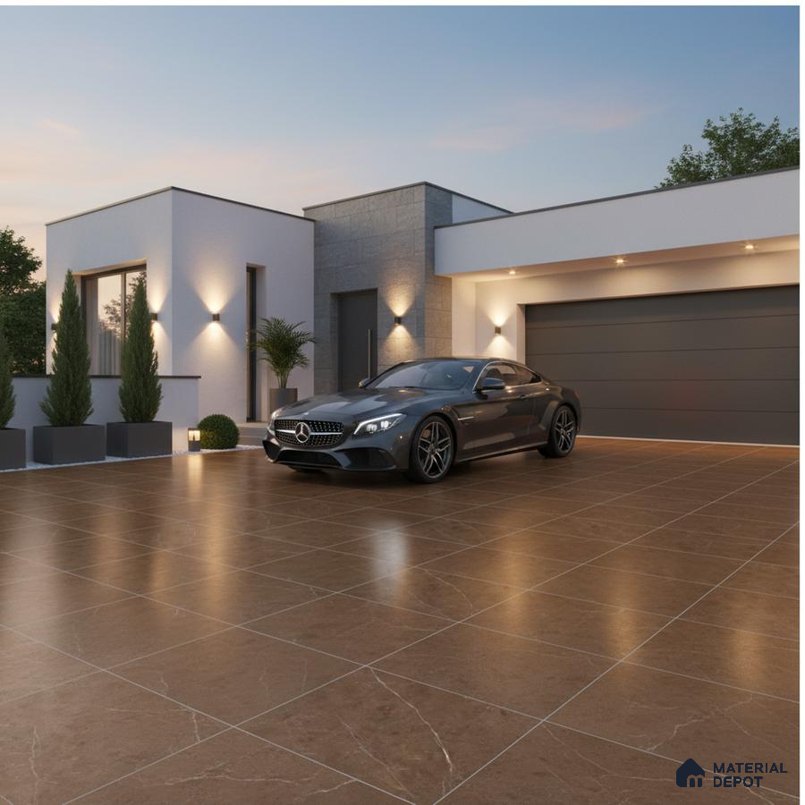Modern parking with brown marble-look floor tiles and grey stone cladding